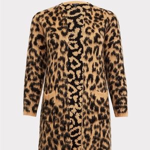 LONG LEOPARD DUSTER SWEATER OPEN FRONT PATCH POCKETS SIZE 26 NEW WITH TAG